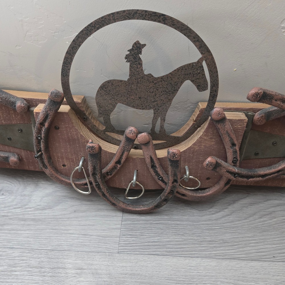 Brown Western Wall Rack Rustic Cowboy Horse Horseshoe Detailing Cottagecore